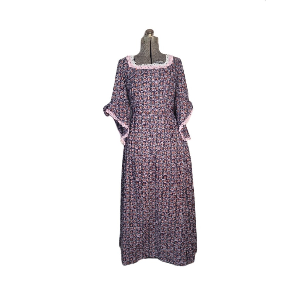 Vintage 70s Handmade Floral Maxi Prairie Dress Cottage Bell Sleeve Lace‎ Trim S